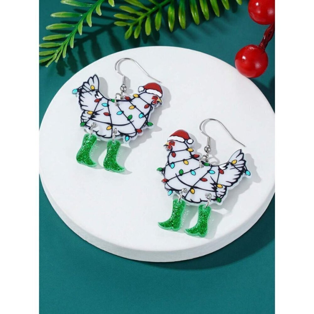 1pair European American Fashion Christmas Hat & Chicken Shaped Light Up Earrings